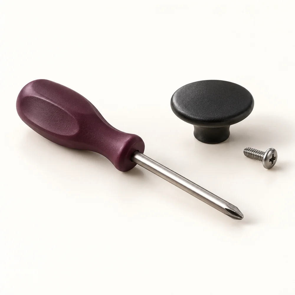Concept: a plum-handled Phillips screwdriver beside an original factory knob and screw