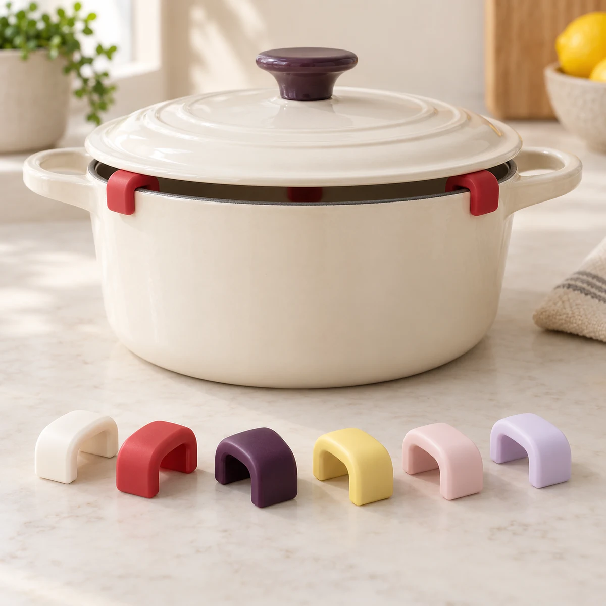 Concept: cherry-red clips hold a white pot’s lid slightly above its rim, with loose spacers in porcelain, cherry, plum, butter, blush and lilac