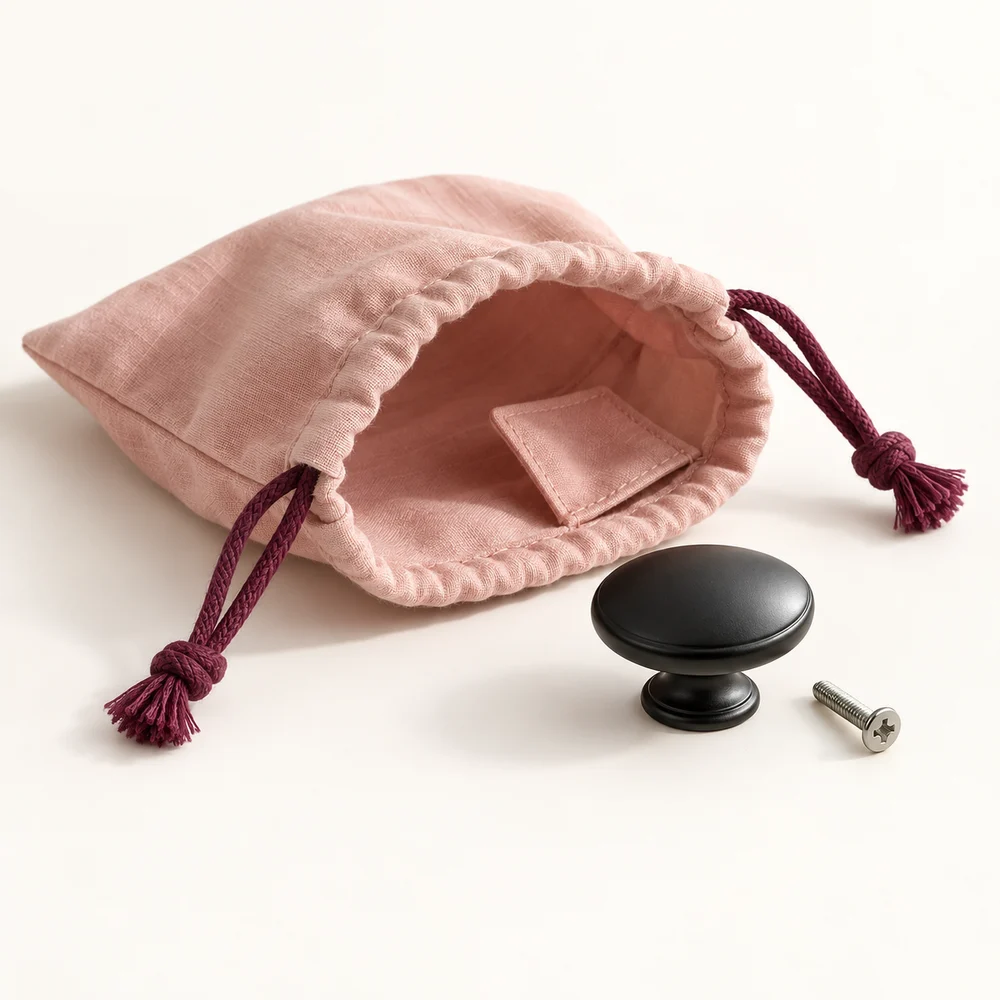 Concept: blush drawstring pouch with an inner screw pocket, beside an original black knob and screw
