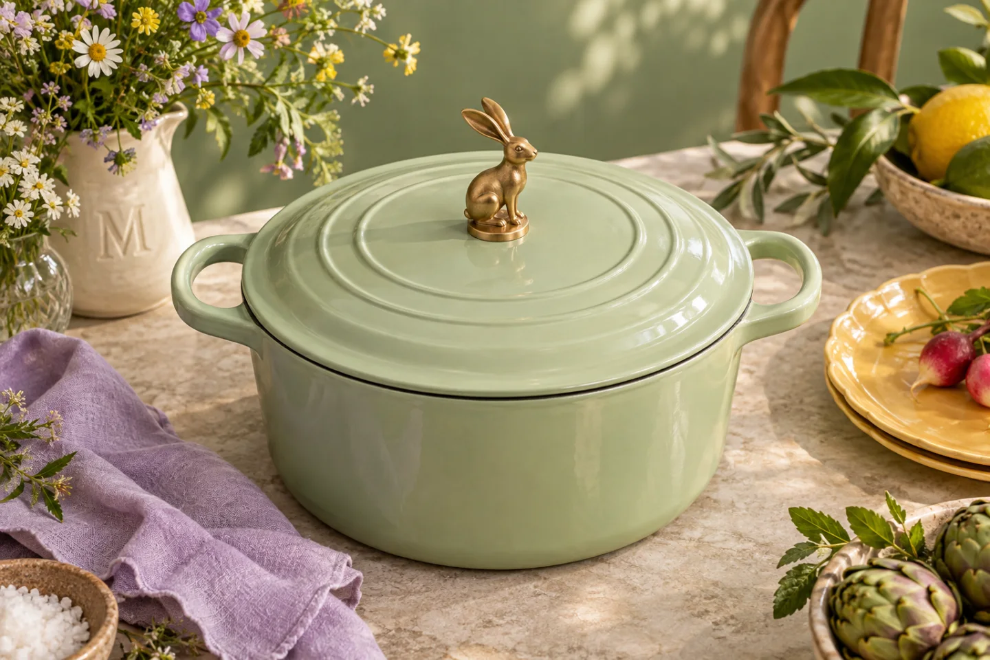 A sage green pot with a brass hare knob beside a jug of wildflowers