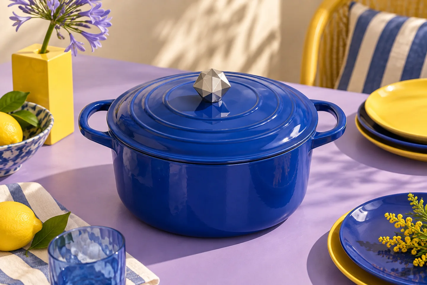 A cobalt blue pot with a faceted silver knob on a lilac table with yellow plates