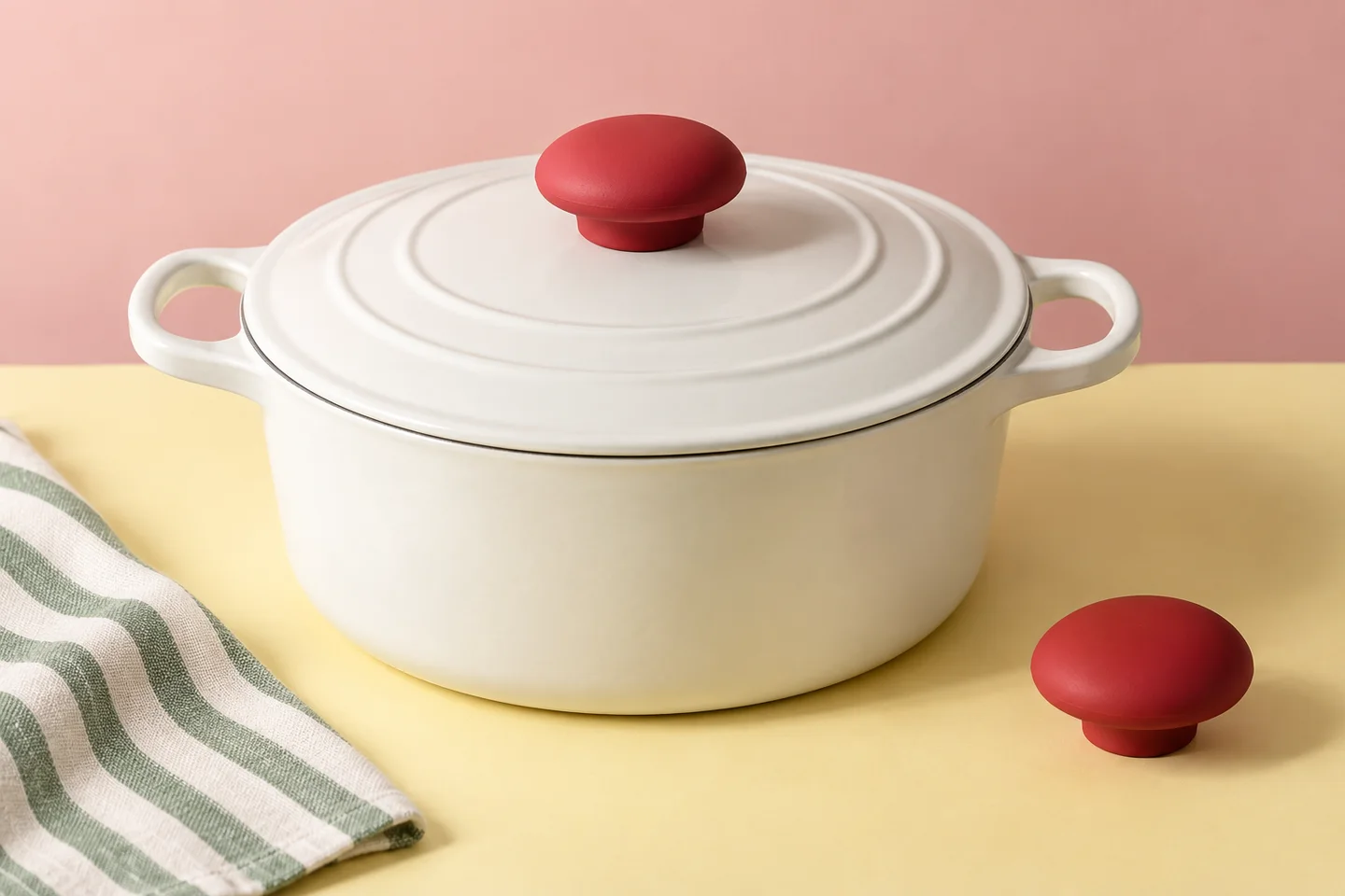 Cherry-red round silicone knob on a white pot, with a matching knob alongside