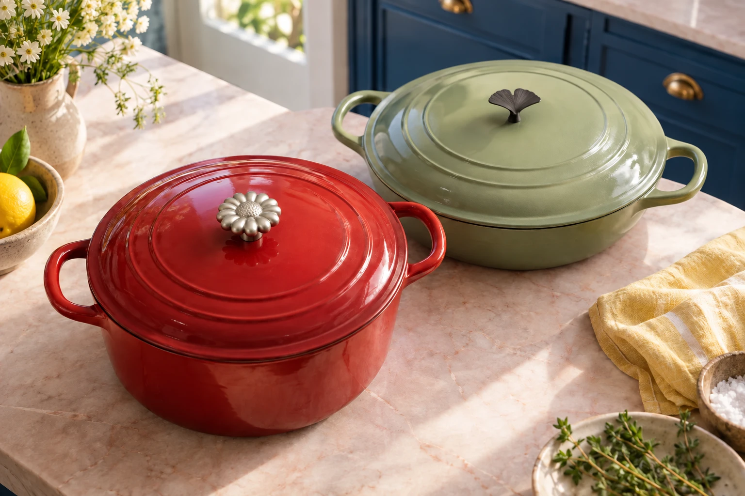 A red Dutch oven with a Daisy knob and a green braiser with a Ginkgo knob on a kitchen table