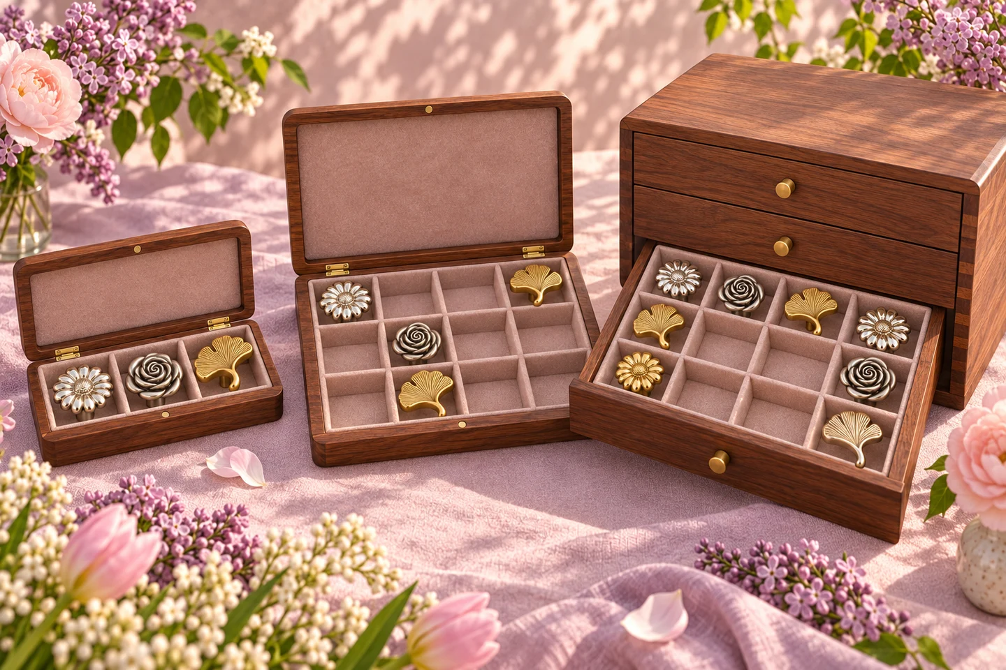 Three walnut storage cases: a three-handle case, a twelve-handle case and a larger collector’s chest