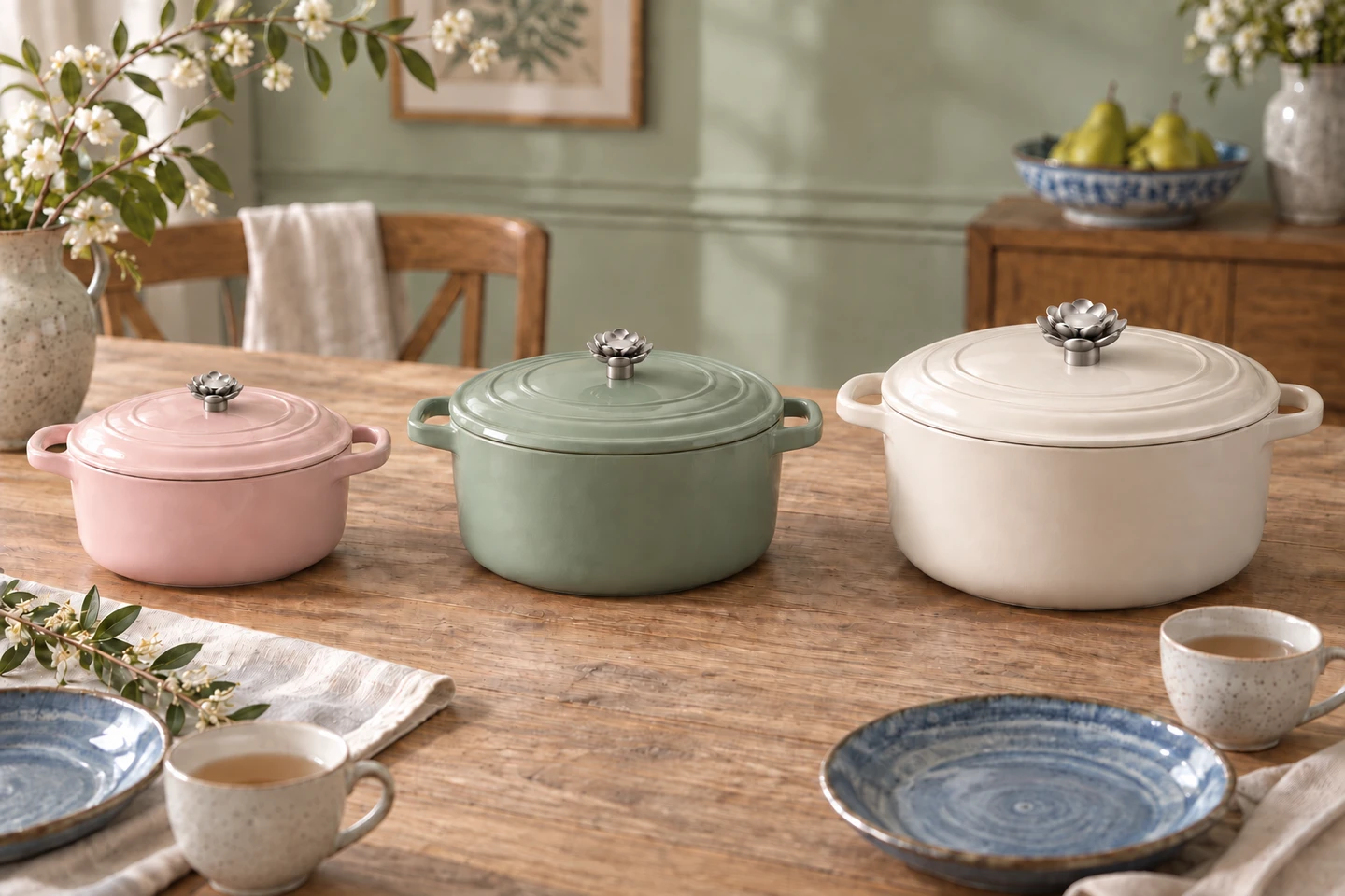 Lotus in Satin, illustrated from left to right: Small on a smaller pot, Medium on a medium pot, and Large on a larger pot