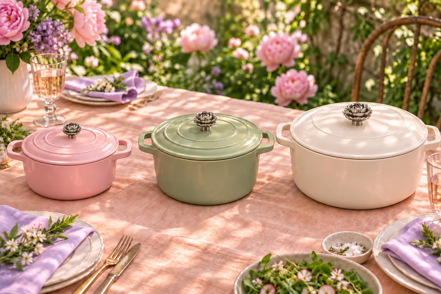 Peony in Satin, illustrated from left to right: Small on a smaller pot, Medium on a medium pot, and Large on a larger pot