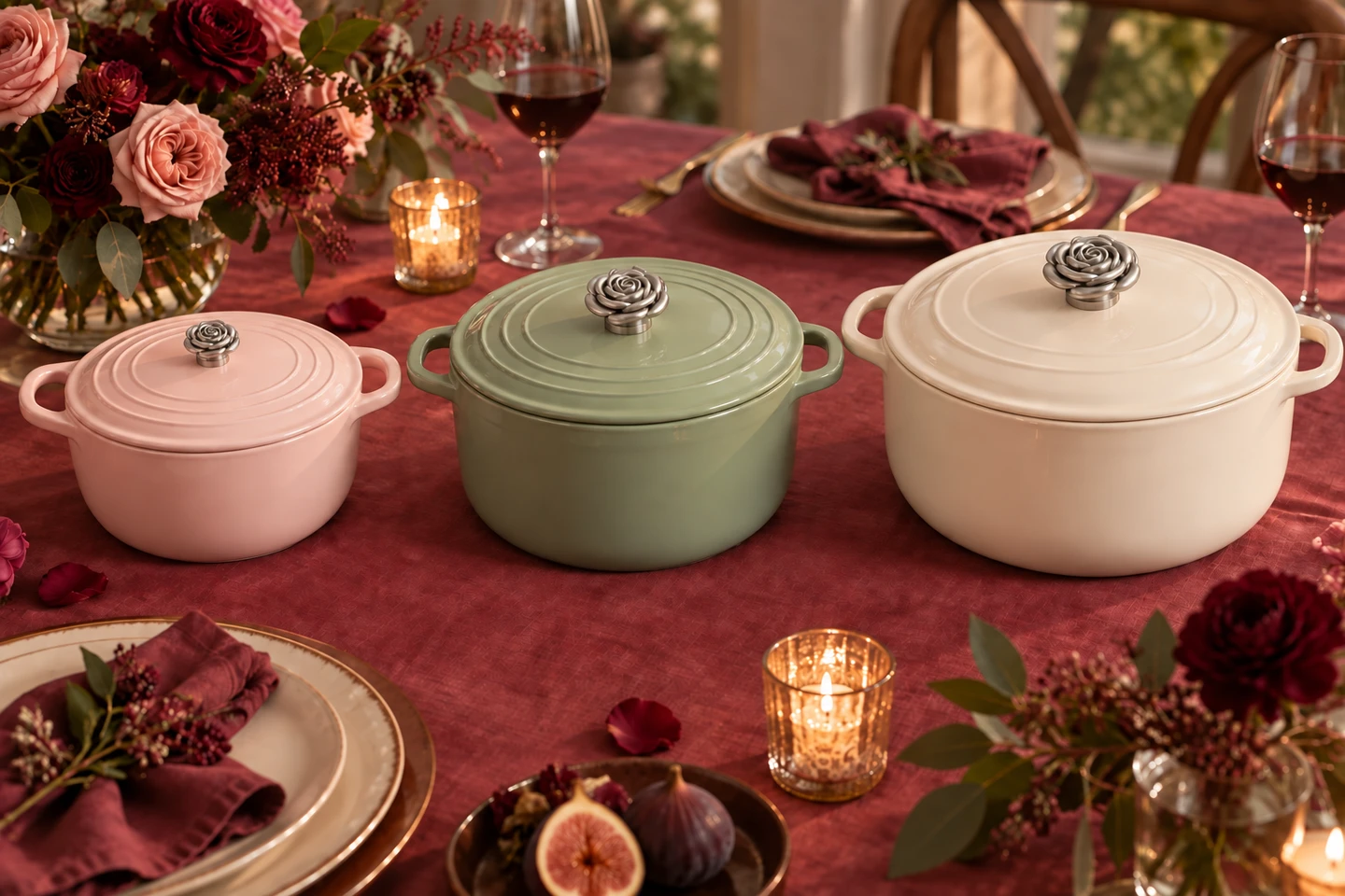 Rose in Satin, illustrated from left to right: Small on a smaller pot, Medium on a medium pot, and Large on a larger pot