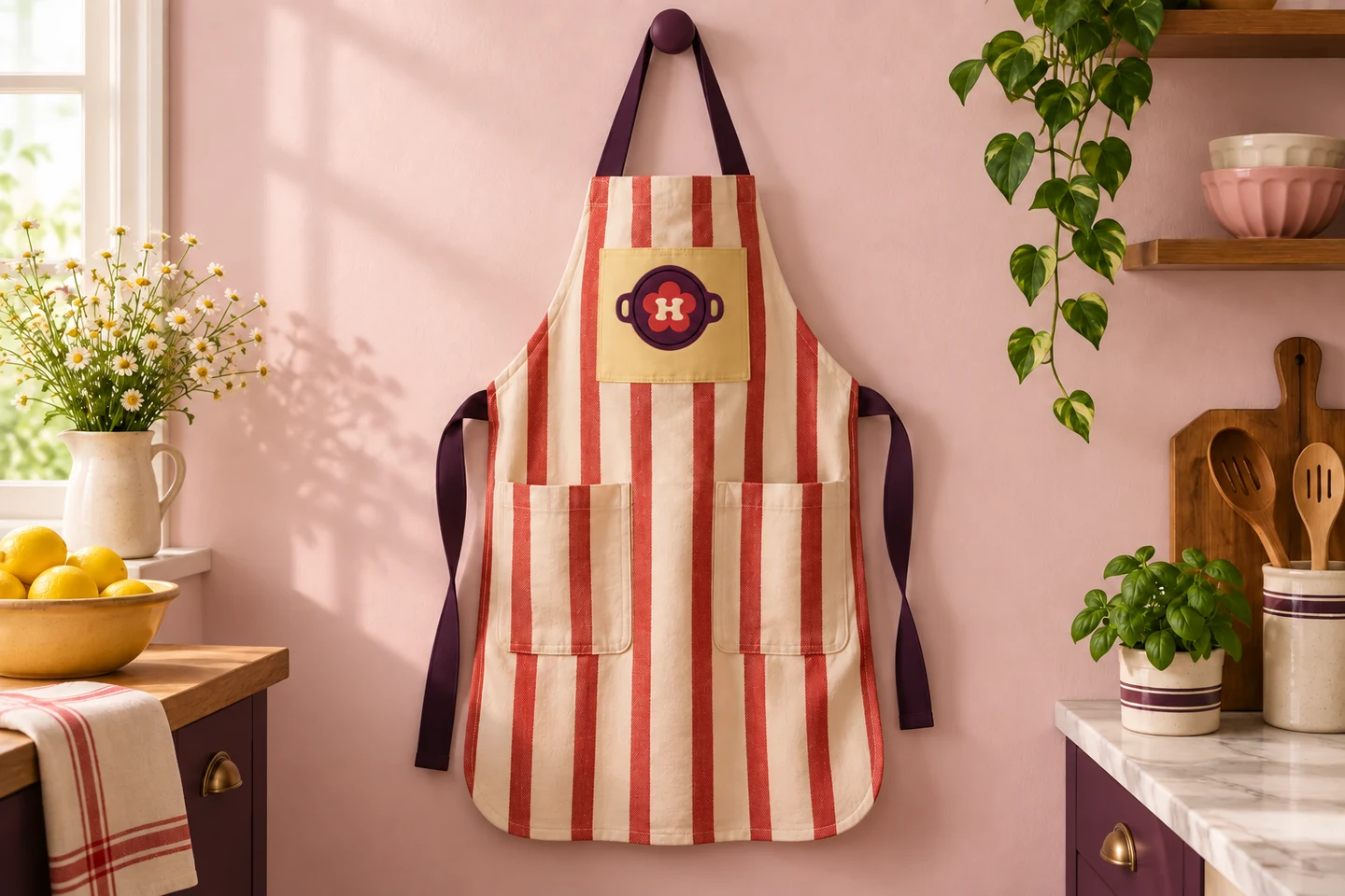 Cherry-and-cream striped apron with plum ties and a round pan, flower and H mark on a butter-yellow chest patch