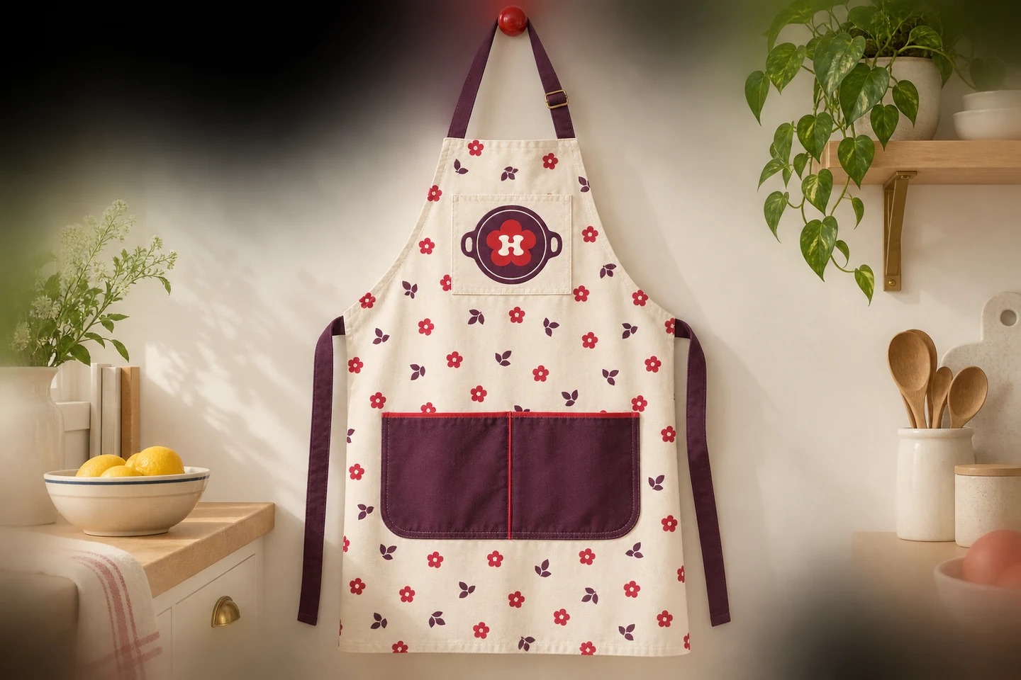 Cream apron with a red floral print, plum straps and pocket, and a round pot emblem