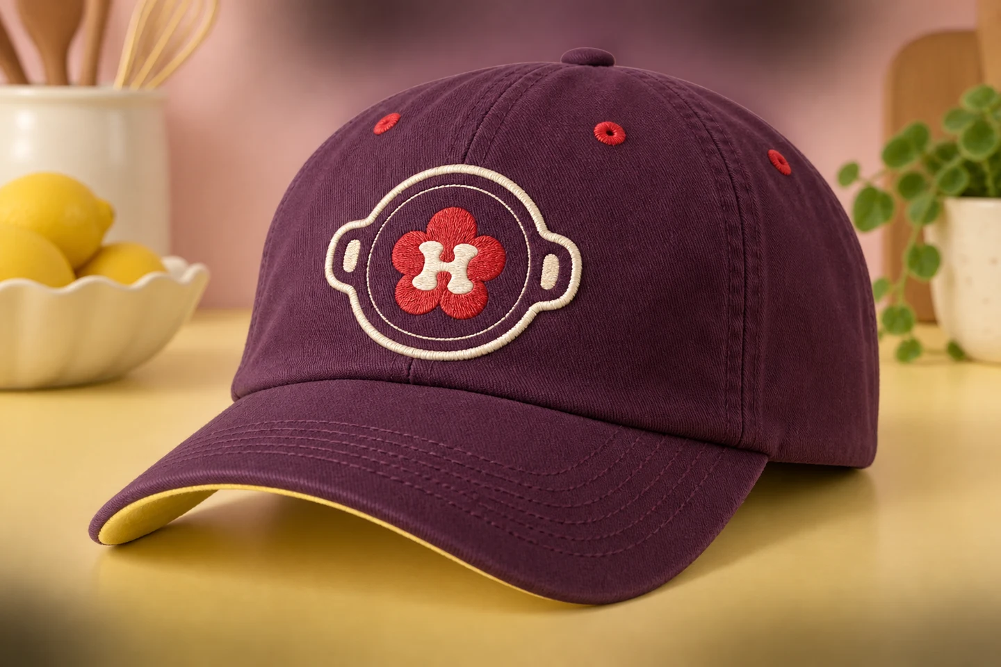 Plum cap with a round overhead-pot emblem and a red flower with a cream H at its center