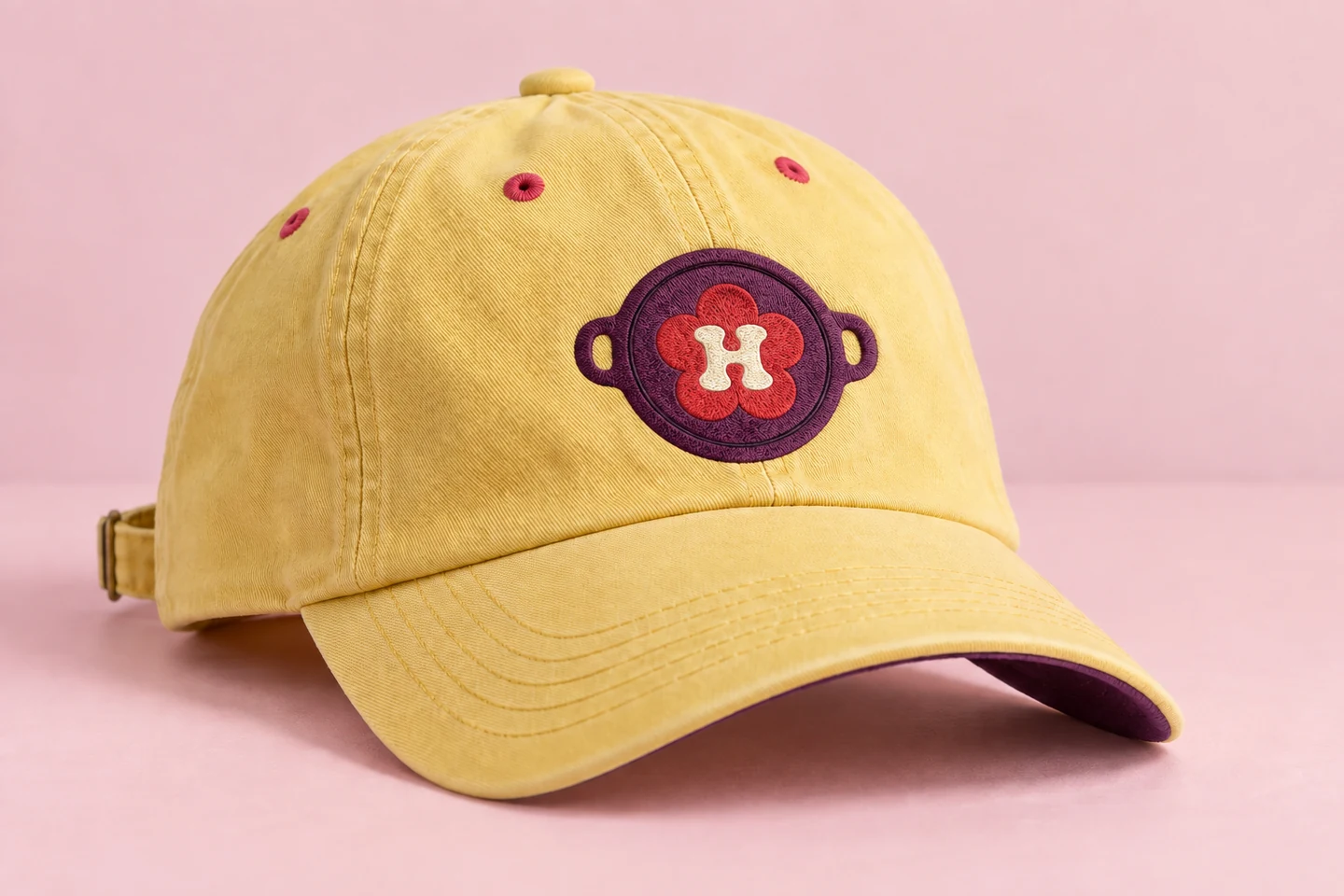 Butter-yellow cotton cap with red eyelets and an embroidered round plum pan, red flower and cream H