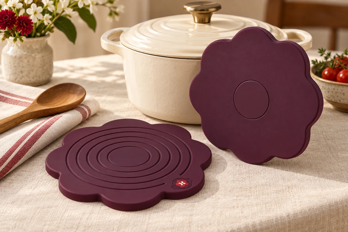 Plum scalloped magnetic silicone trivet with a subtle round pot emblem at the edge