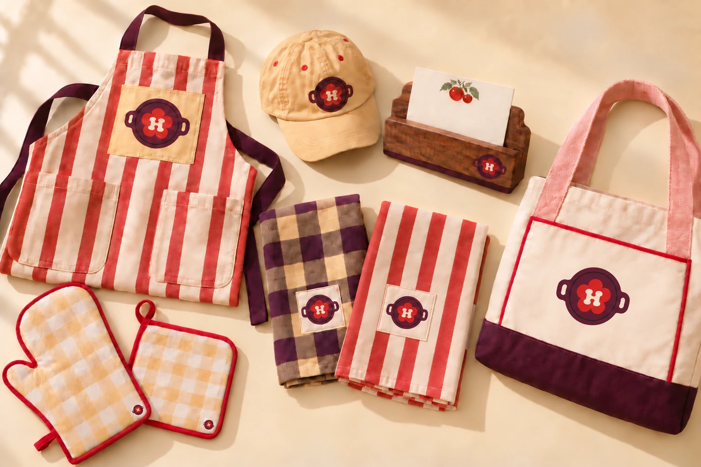 Hot to Handle apron, cap, recipe holder and kitchen linens in plum, cherry, blush and butter yellow