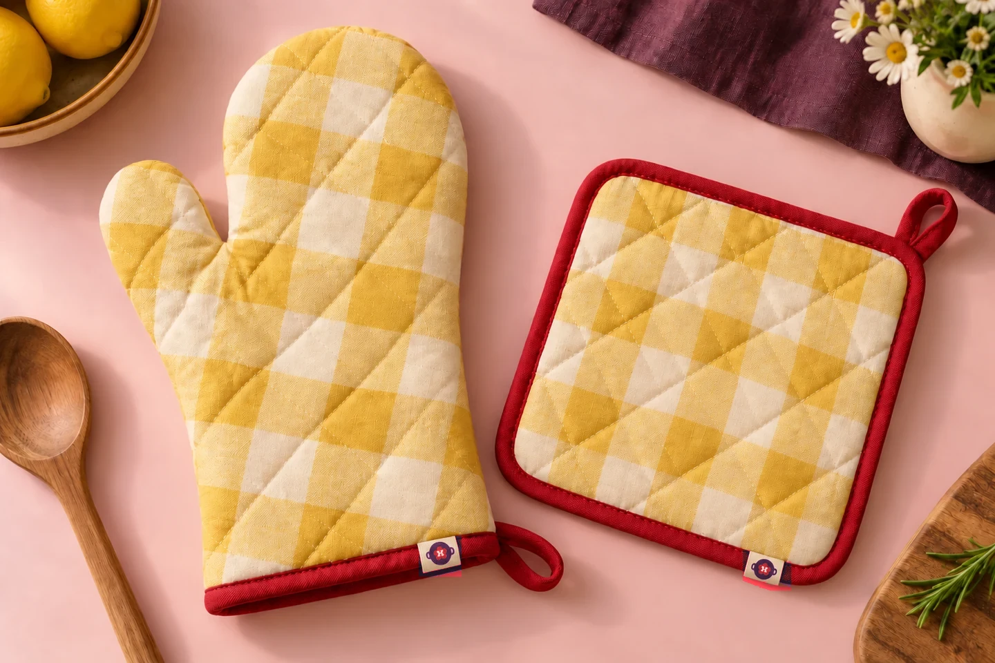 Butter-and-cream gingham oven mitt and pot holder with cherry binding