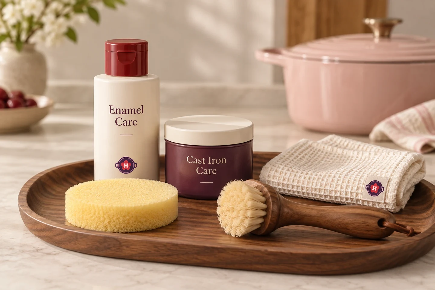 Cookware care concept with an enamel care bottle, cast iron care tin, scrubber, brush and cloth