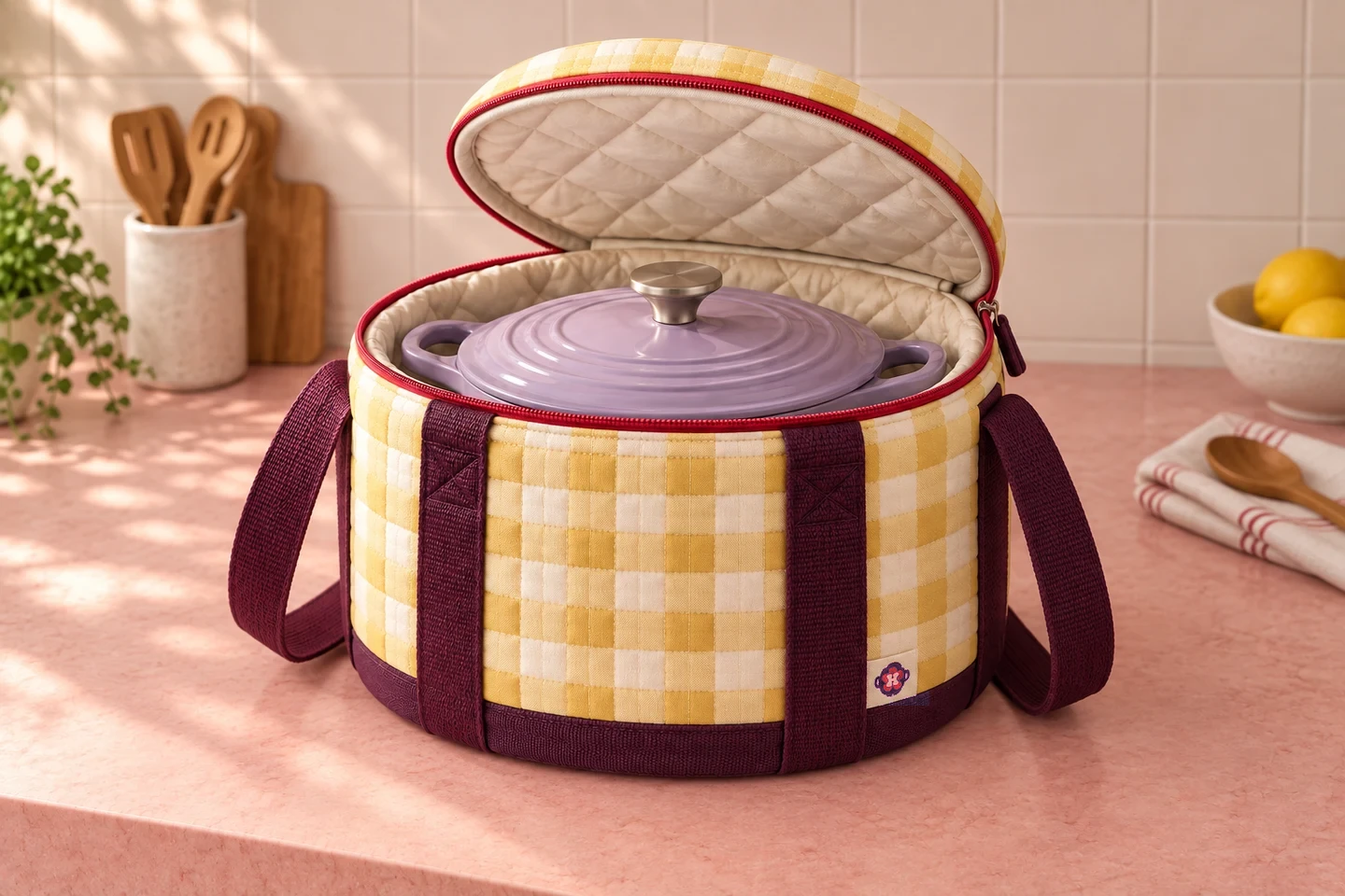 Padded Dutch oven carrier in butter gingham with wide plum straps