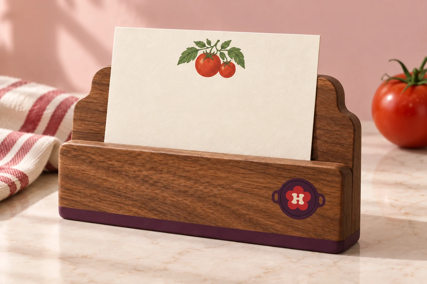 Scalloped walnut recipe holder with a plum base, round pan mark and tomato-illustrated recipe card