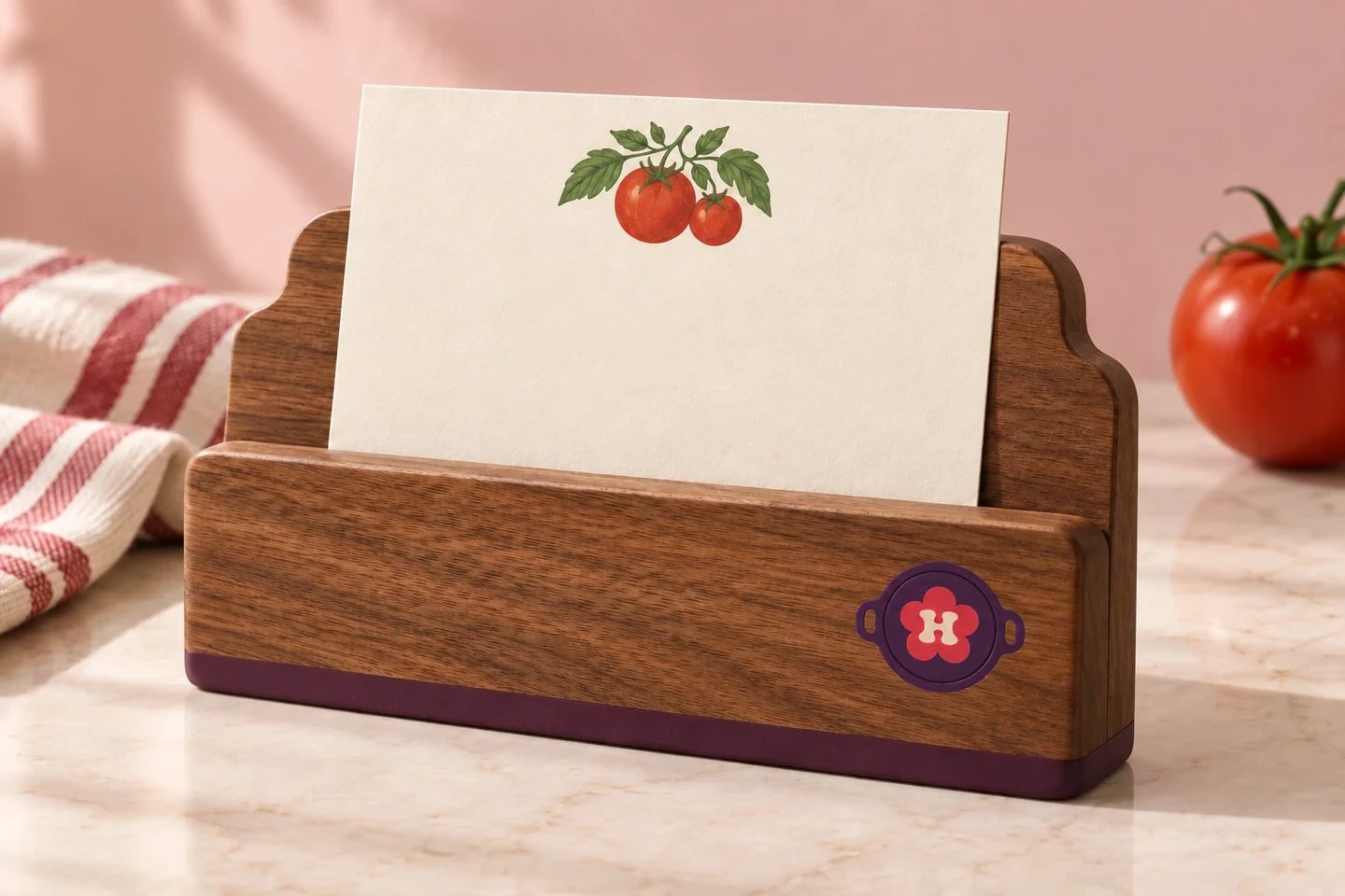 Scalloped walnut recipe holder with a plum base holding an illustrated recipe card